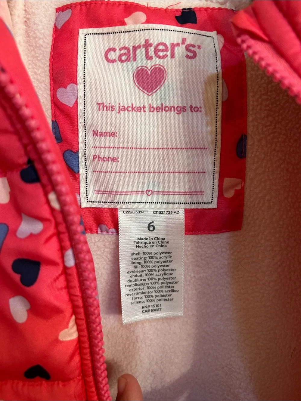 Carter's Coral Pink Puffer Jacket with Multicolor Heart Print and Hood